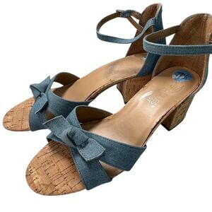 Aerosoles‎ Women's Blue Denim Wedge Cork Sandals Ankle Strap Bow Size 7.5M